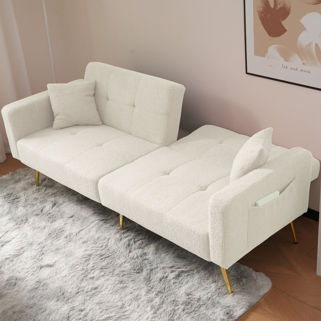 Ivory white sherpa 3-seater clic-clac sofa bed, adjustable backrest & side pocket ALDEN WHITE UK