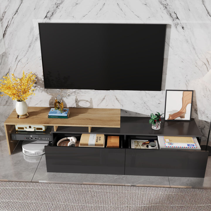 Modern black high gloss TV cabinet with glass shelves and LED lighting KETTLEHOLE
