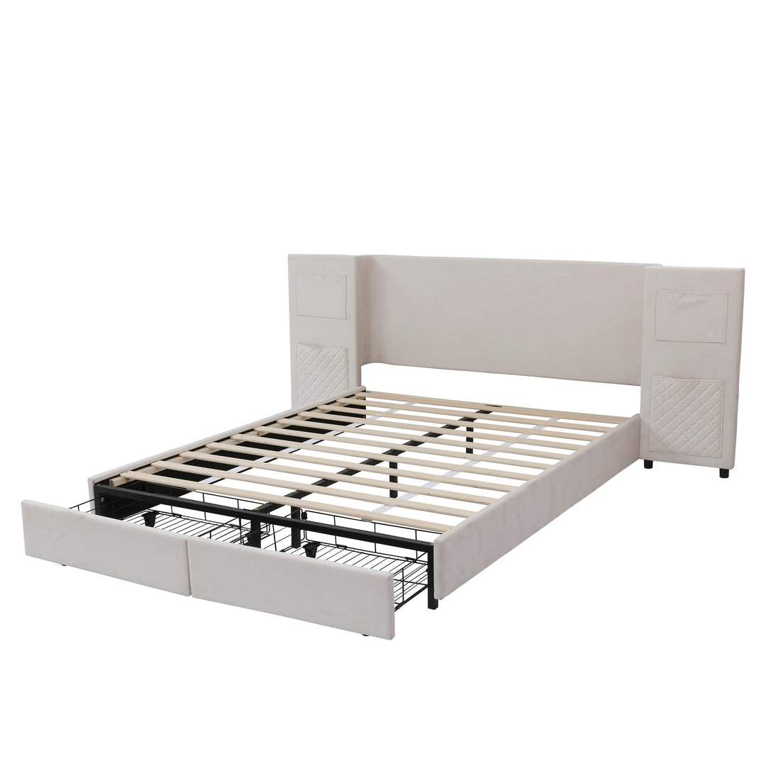 Beige velvet upholstered double bed (135×190cm) 2 drawers and storage pockets PORE