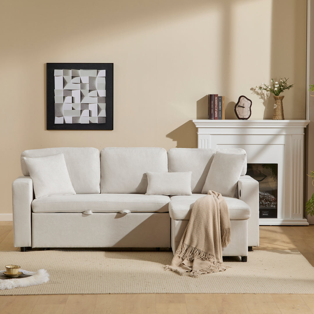 Beige 3-seater corner sofa bed with side shelf and USB ports ANTCOLONY UK