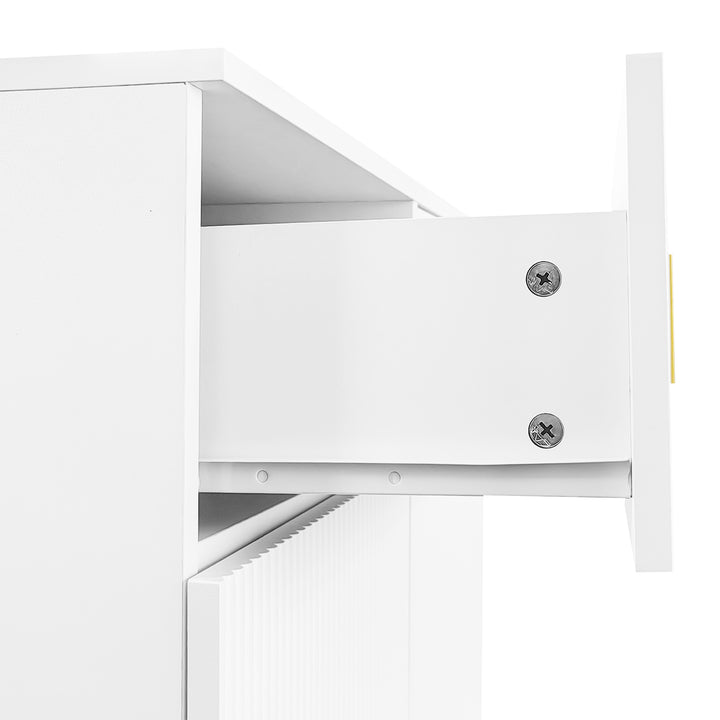 White shoe cabinet with textured panels and golden legs FERNCREST UK