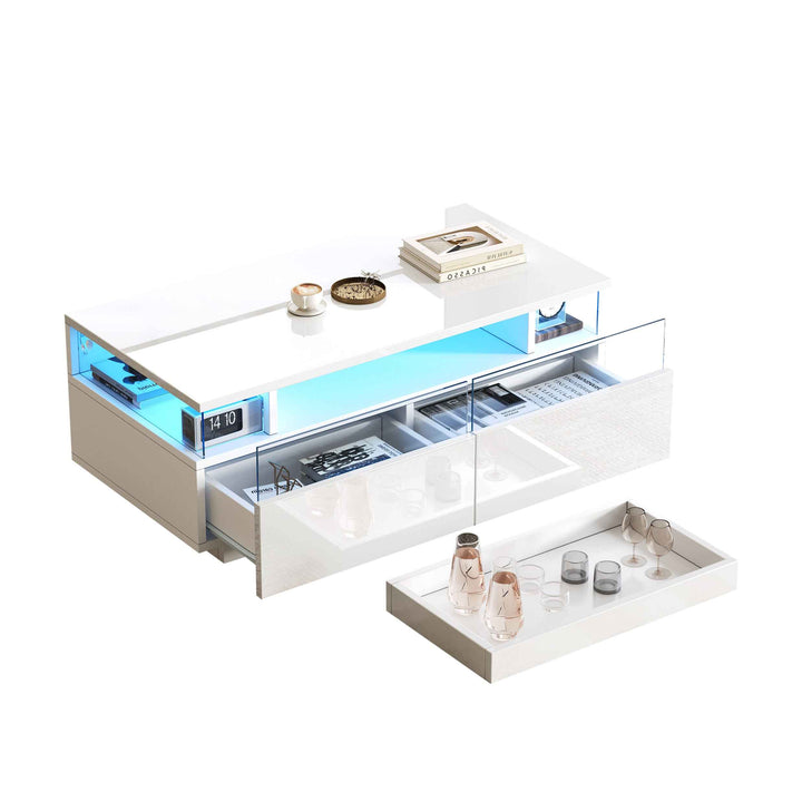White high gloss coffee table with LED lights, 2 drawers, pull-out tray FLAREVORNAX