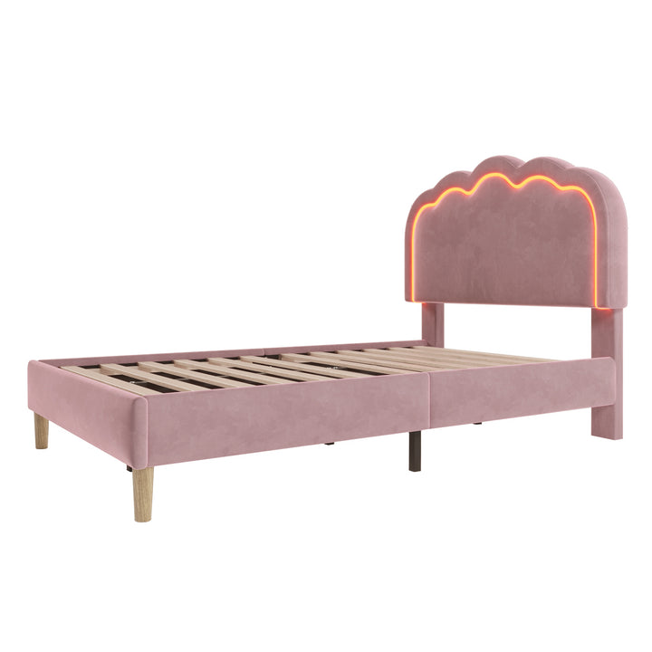 Pink velvet upholstered divan bed frame with LED, headboard height adjustable INDROX PINK UK