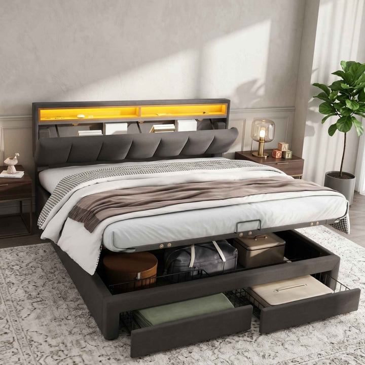King Size Upholstered Bed with LED Lighting, Linen Grey, Hydraulic Storage, Drawers & Foam Headboard, 150x200cm, Modern Steel Frame