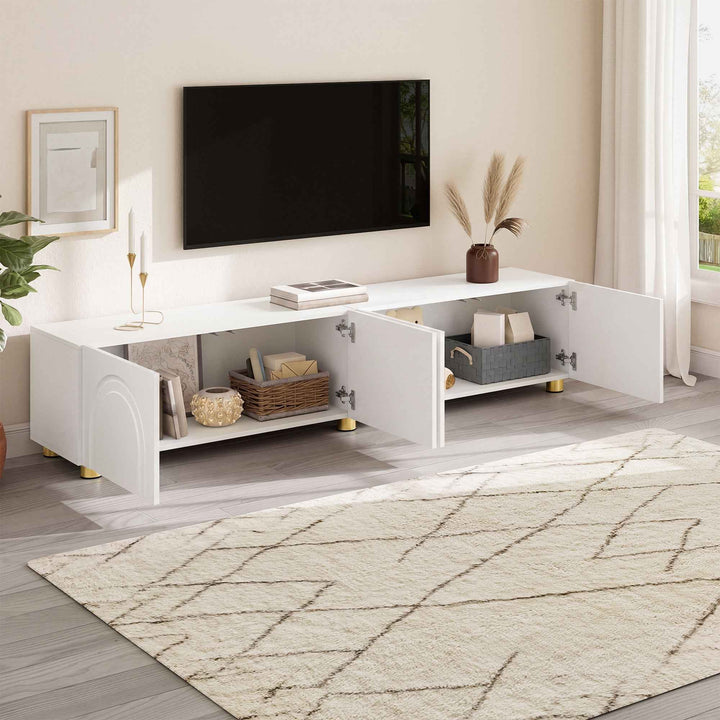 00+缺图 TV Cabinet 180 cm White with 4-Door Arch Relief Lowboard for Living Room TRITRAY