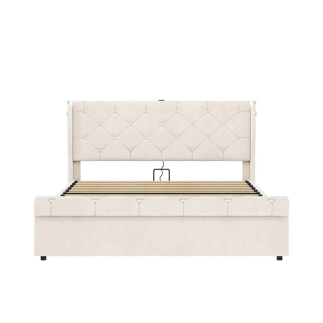 Beige velvet tufted upholstered ottoman double bed end opening (135x190cm) RADIOLARI