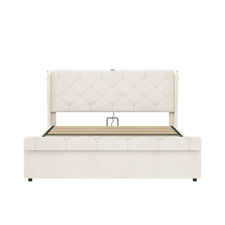 Beige velvet tufted upholstered ottoman double bed end opening (135x190cm) RADIOLARI