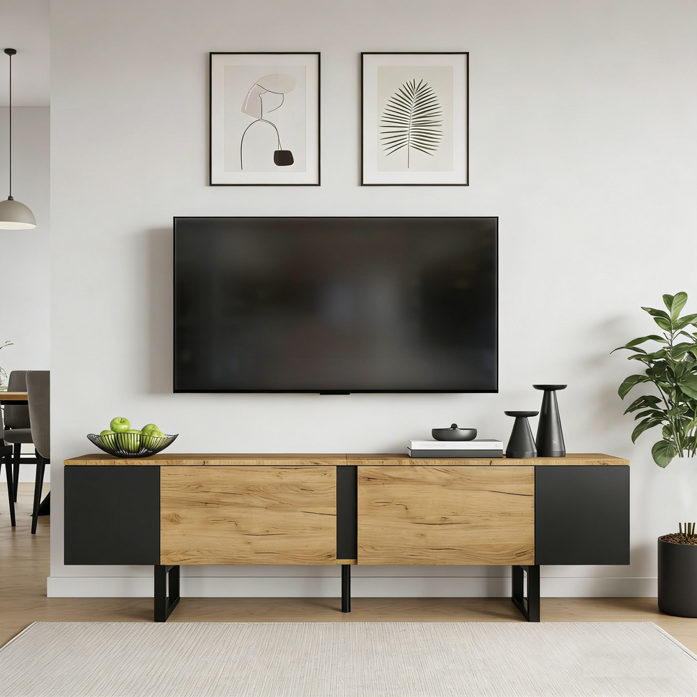 Natural wood & black TV stand up to 2 doors & 2 side cabinets INFINITEMERI