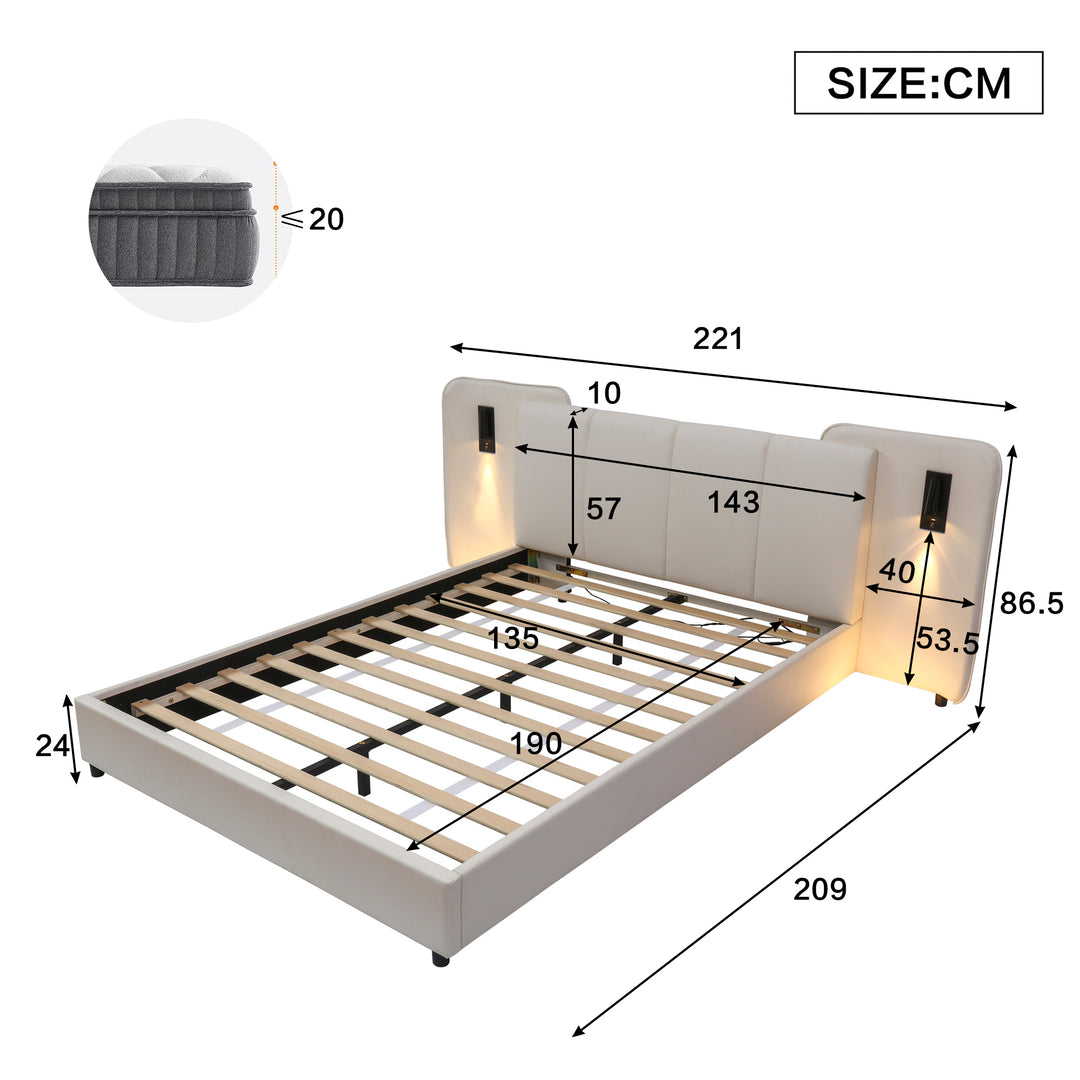 Beige upholstered divan double bed with side lamps and charging port 135x190cm UNITOS