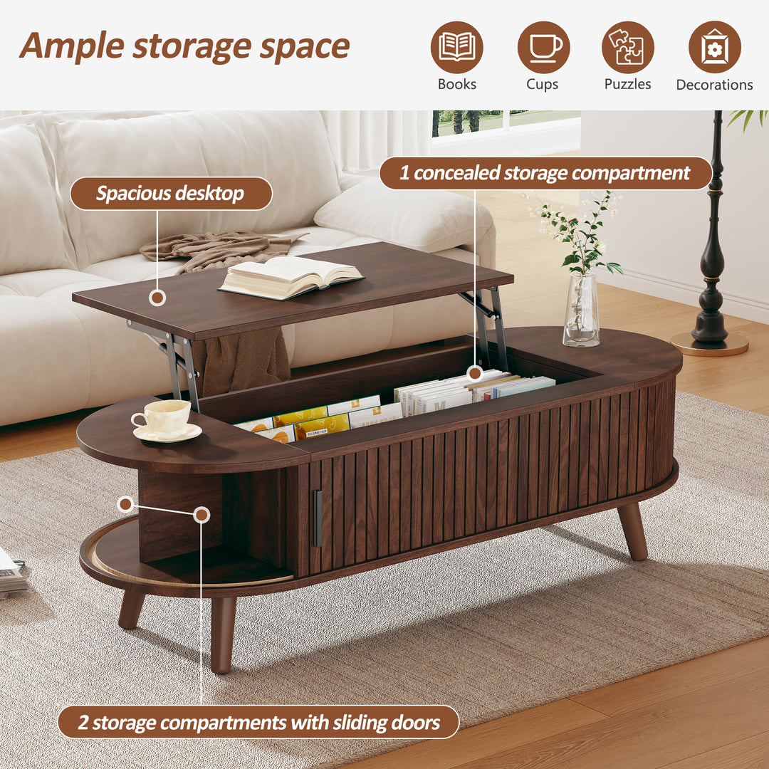 Lift Top Dark Wood Oval Coffee Table with Hidden Storage 120x50cm VASEEDGE