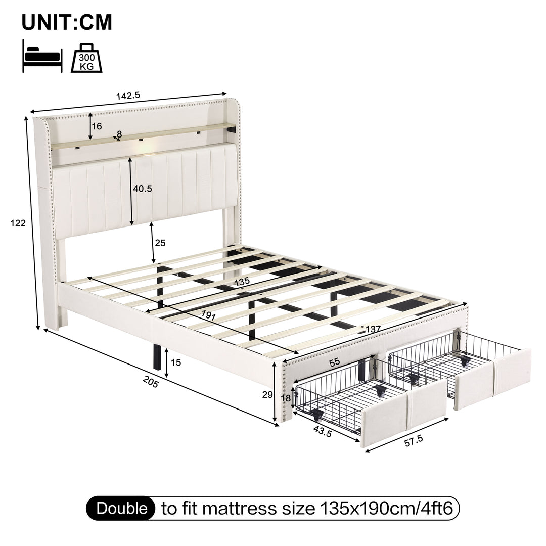 Beige linen upholstered divan double Bed 135x190cm with 2 storage drawers and LED lighting & charging ports (no mattress) OGHAMNOTCH