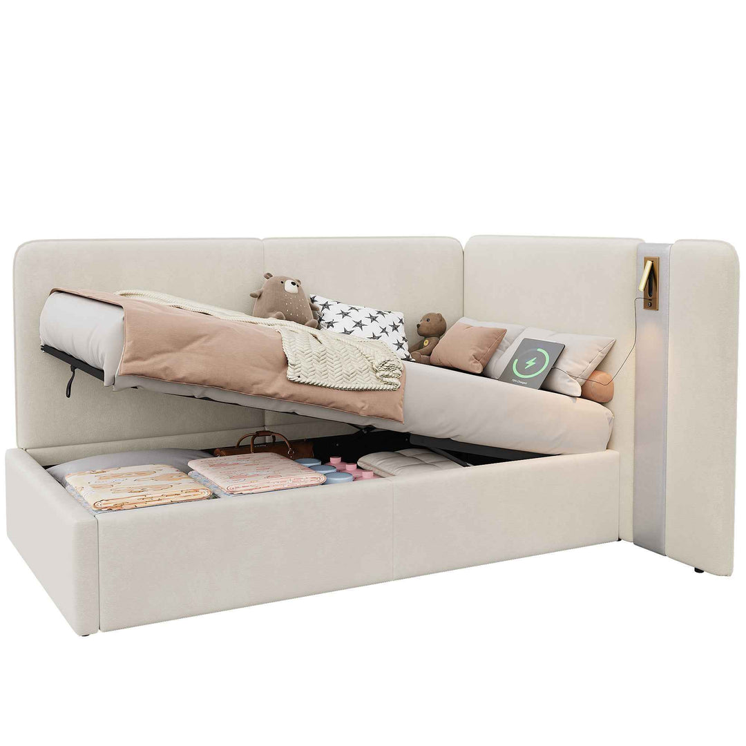 00+Modern Daybed 3FT Single 90 x 190 cm Beige Velvet, L-Shaped Hydraulic Storage Bed with USB & Reading Lamp VANITYSTONE
