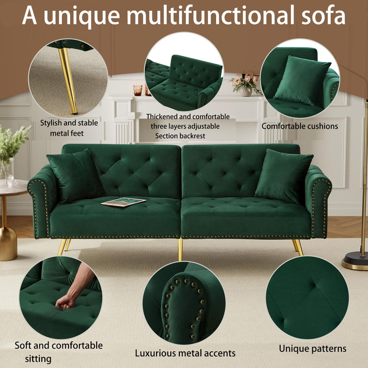 Green velvet 2-seater sofa bed with adjustable backrest and gold legs CAKDERA