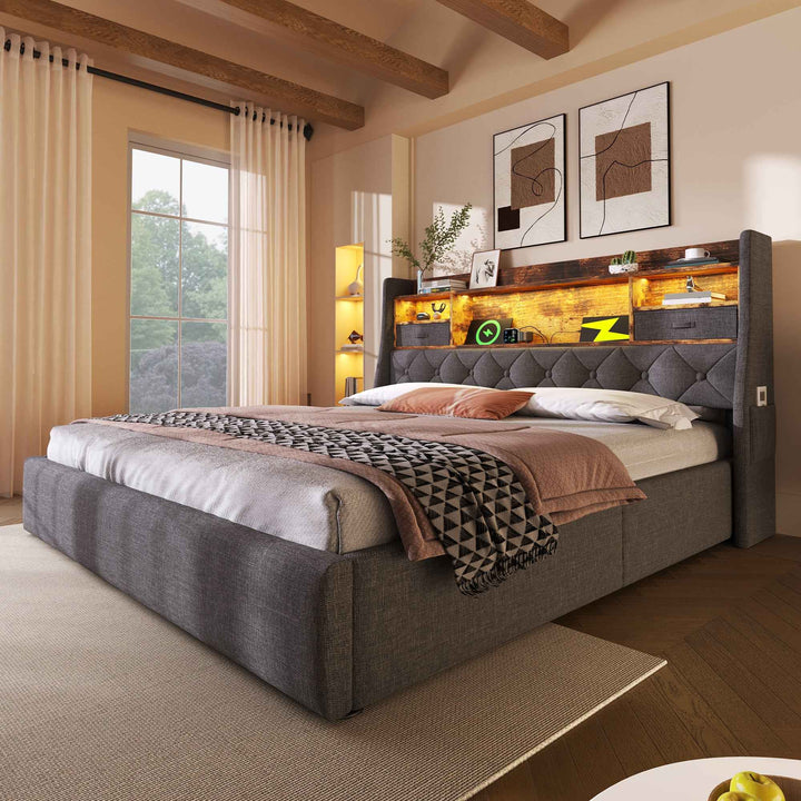 00+Double Bed Frame 135x190cm Hydraulic Storage Bed with LED Lighting, Grey Linen, No Mattress CONCRETENIGHTSTAND