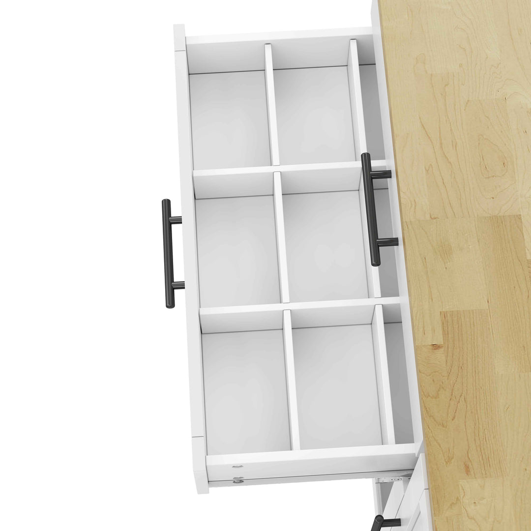 00+Mobile Kitchen Island Trolley White Foldable Worktop, 5 Wheels, Glass Doors, Storage Racks, Cutlery Drawer NOVAOR
