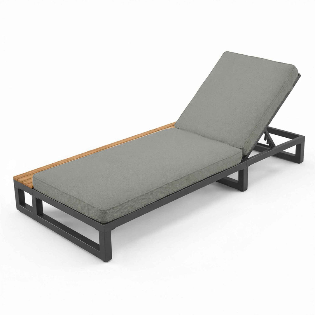 Modern outdoor chaise lounge grey with teak wood side table,4-position adjustable sunlounger QUASARKRYNN