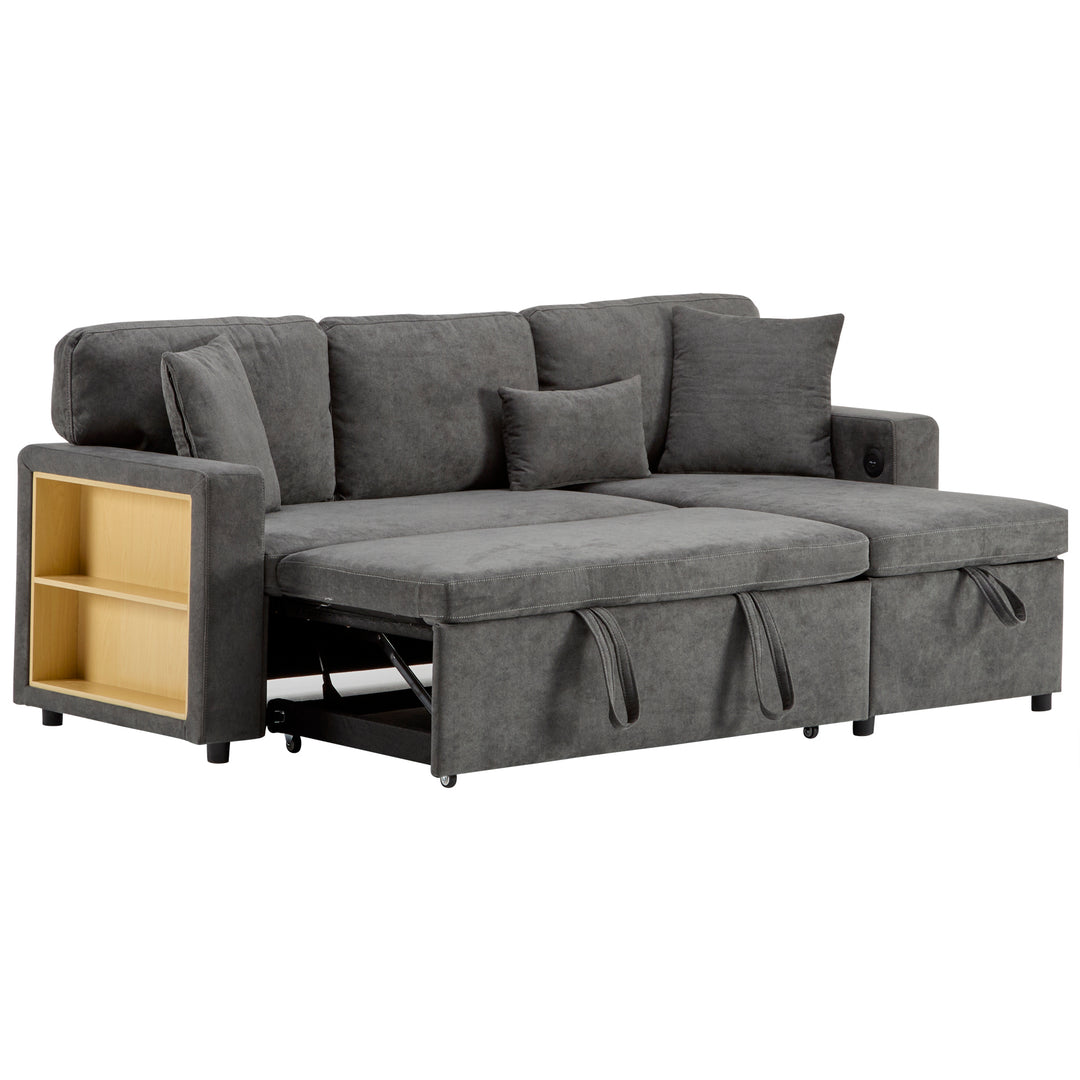 Grey L-shaped corner sofa bed, side shelf with integrated USB and storage VOLATILGAS