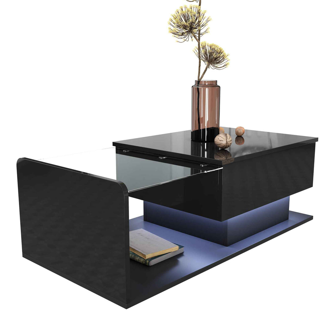 High gloss black coffee table with lift up top, LED lighting 100x50cm FLARERYLOTH