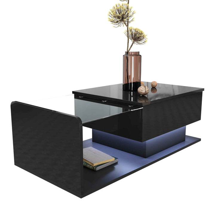High gloss black coffee table with lift up top, LED lighting 100x50cm FLARERYLOTH