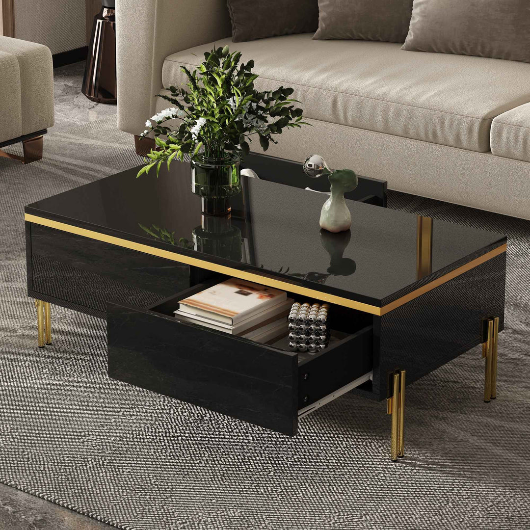 Black high-gloss coffee table with golden stripe with drawers 100x50x36cm RACKSPACE