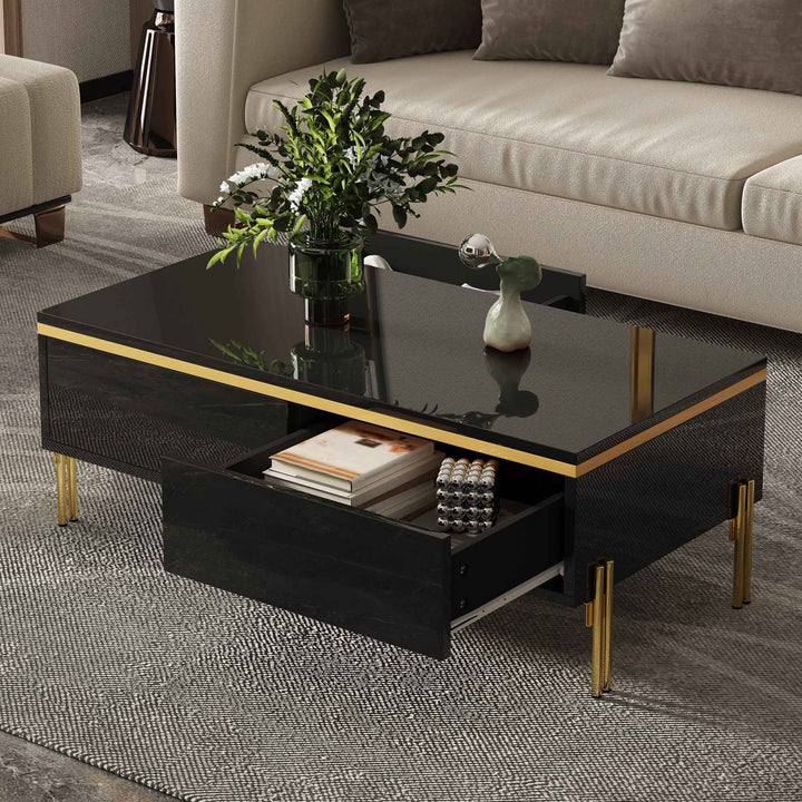 Black high-gloss coffee table with golden stripe with drawers 100x50x36cm RACKSPACE
