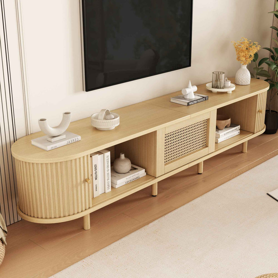 TV stand light wood 1 rattan drawer & 2 sliding doors, rounded corners 180cm