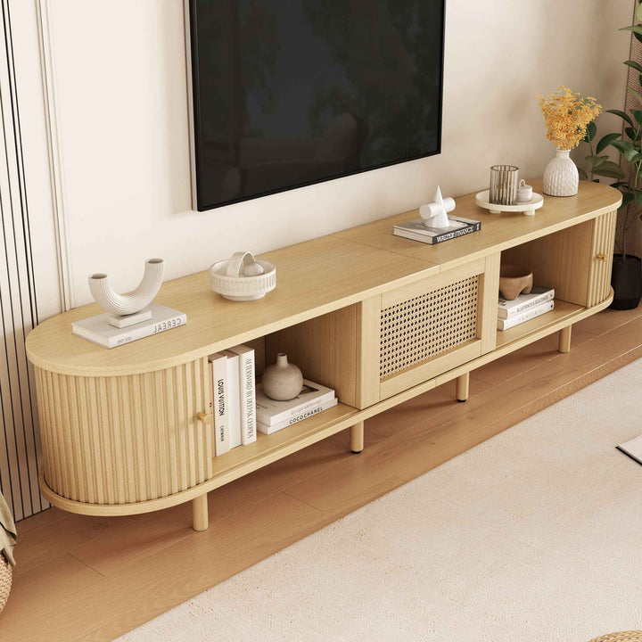 TV stand light wood 1 rattan drawer & 2 sliding doors, rounded corners 180cm
