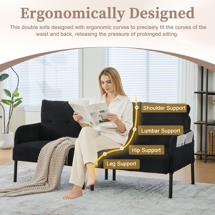 00+Oversized Loveseat Sofa, Corduroy Upholstered Double-Seater, Black for Living Room NOVADYNE