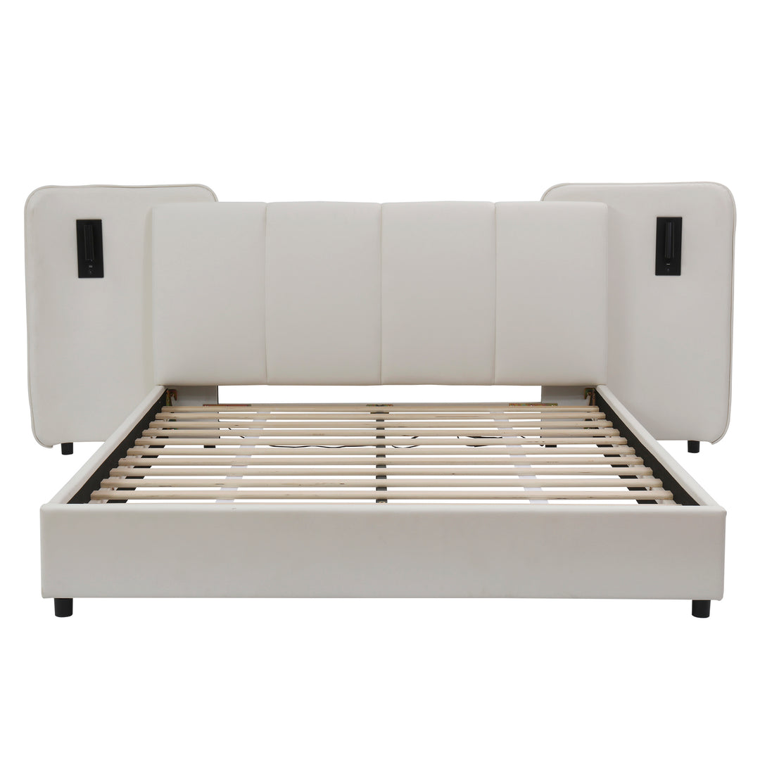 Beige upholstered divan double bed with side lamps and charging port 135x190cm UNITOS