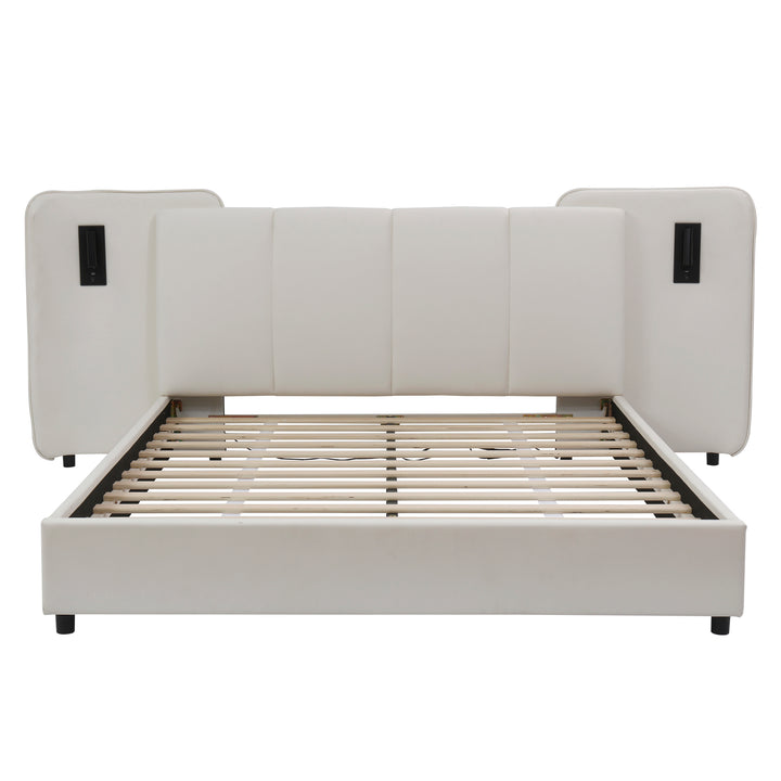 Beige upholstered divan double bed with side lamps and charging port 135x190cm UNITOS
