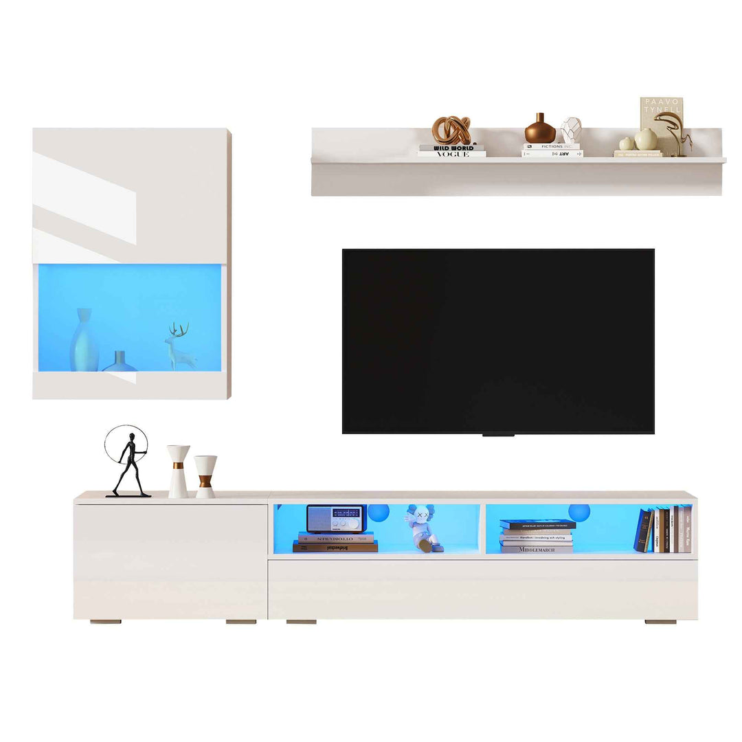 3 piece TV stand and wall unit set white high gloss with LED lighting