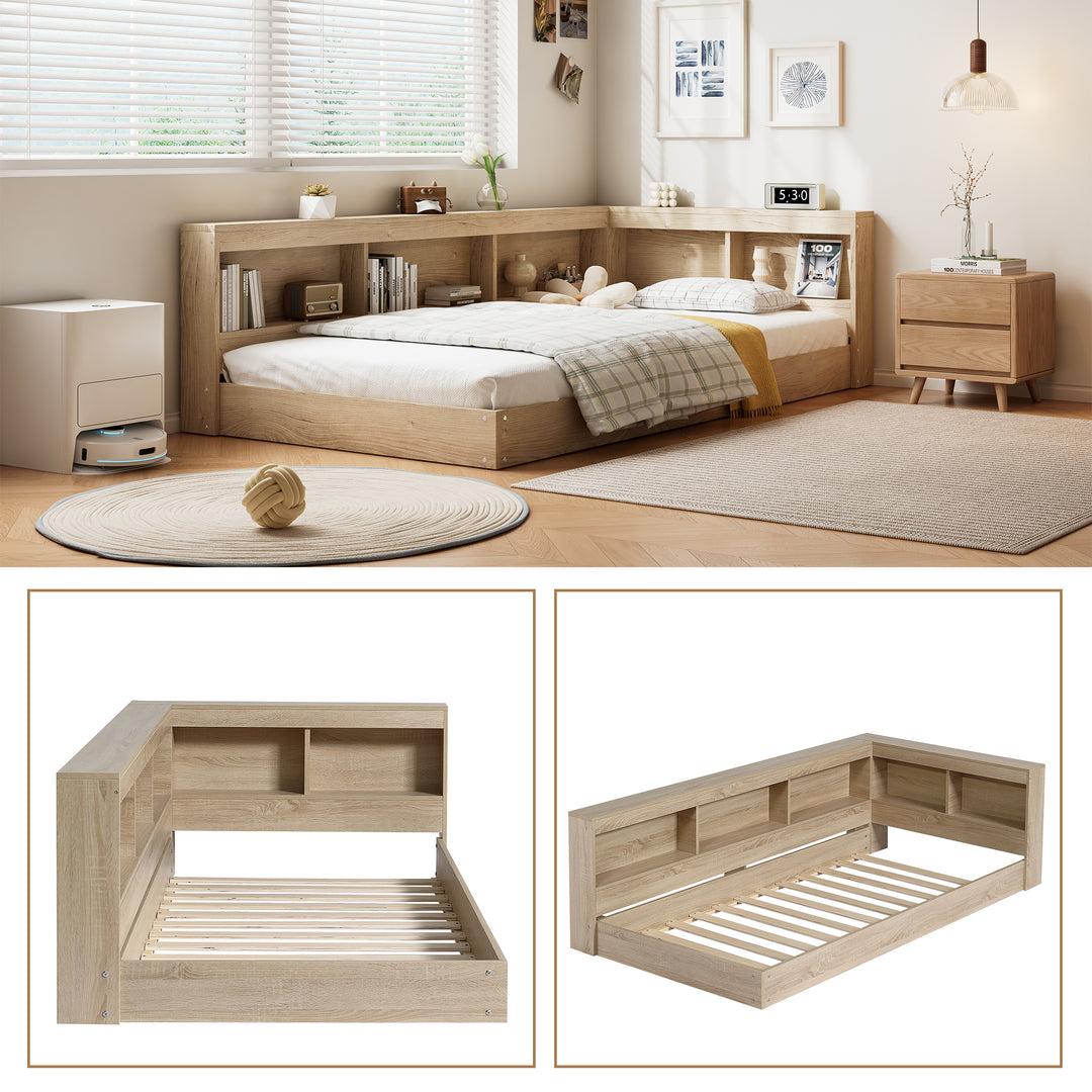 Oak storage single bed with storage shelves, daybed 90x190cm AIRGLOW UK