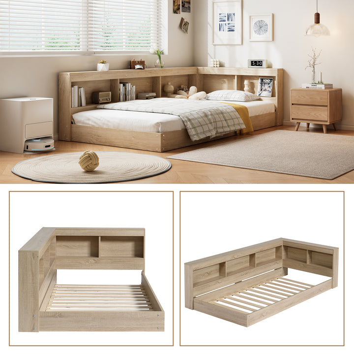 Oak storage single bed with storage shelves, daybed 90x190cm AIRGLOW UK