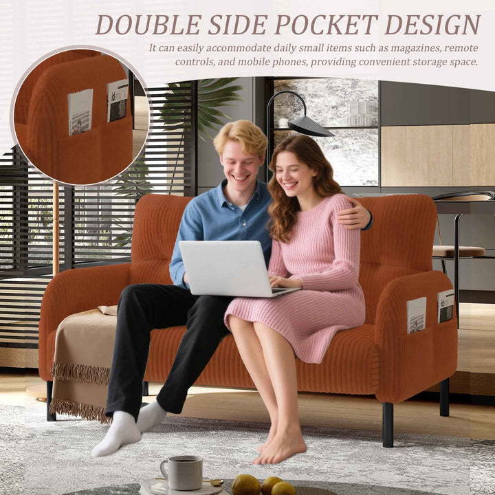 00+Corduroy Loveseat Sofa 2 Seater, Orange, Soft High-Density Foam, Double Side Pockets, Living Room & Bedroom NOVAIST