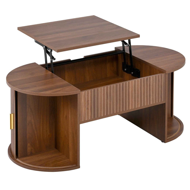 00+缺图 Retro Coffee Table 100cm Walnut MDF Lift-Top with Sliding Doors & Storage for Living Room TRUNKEDGE
