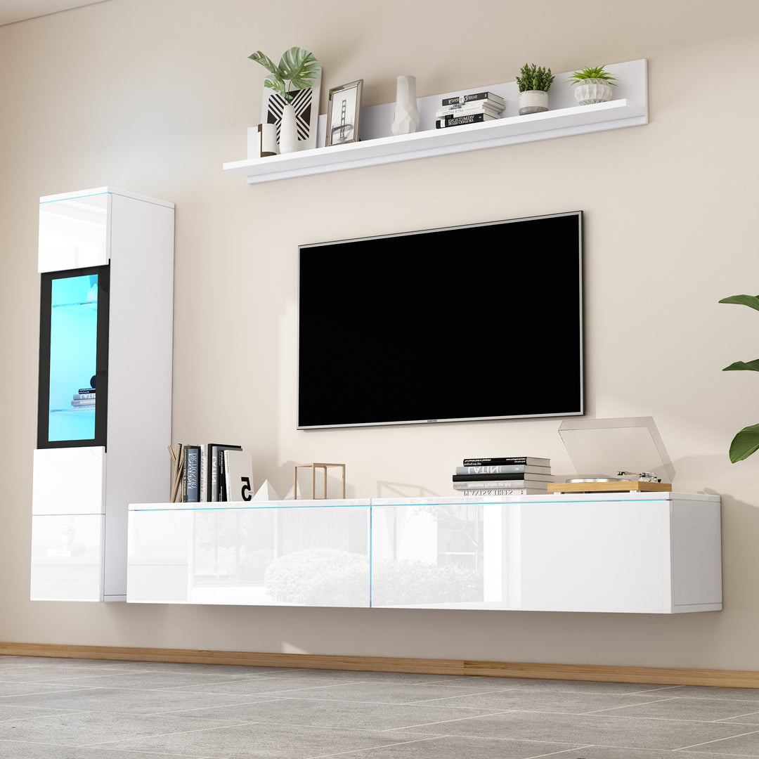 Modern white high-gloss 3-piece TV unit set with LED lighting and display cabinet CLOUDVALE