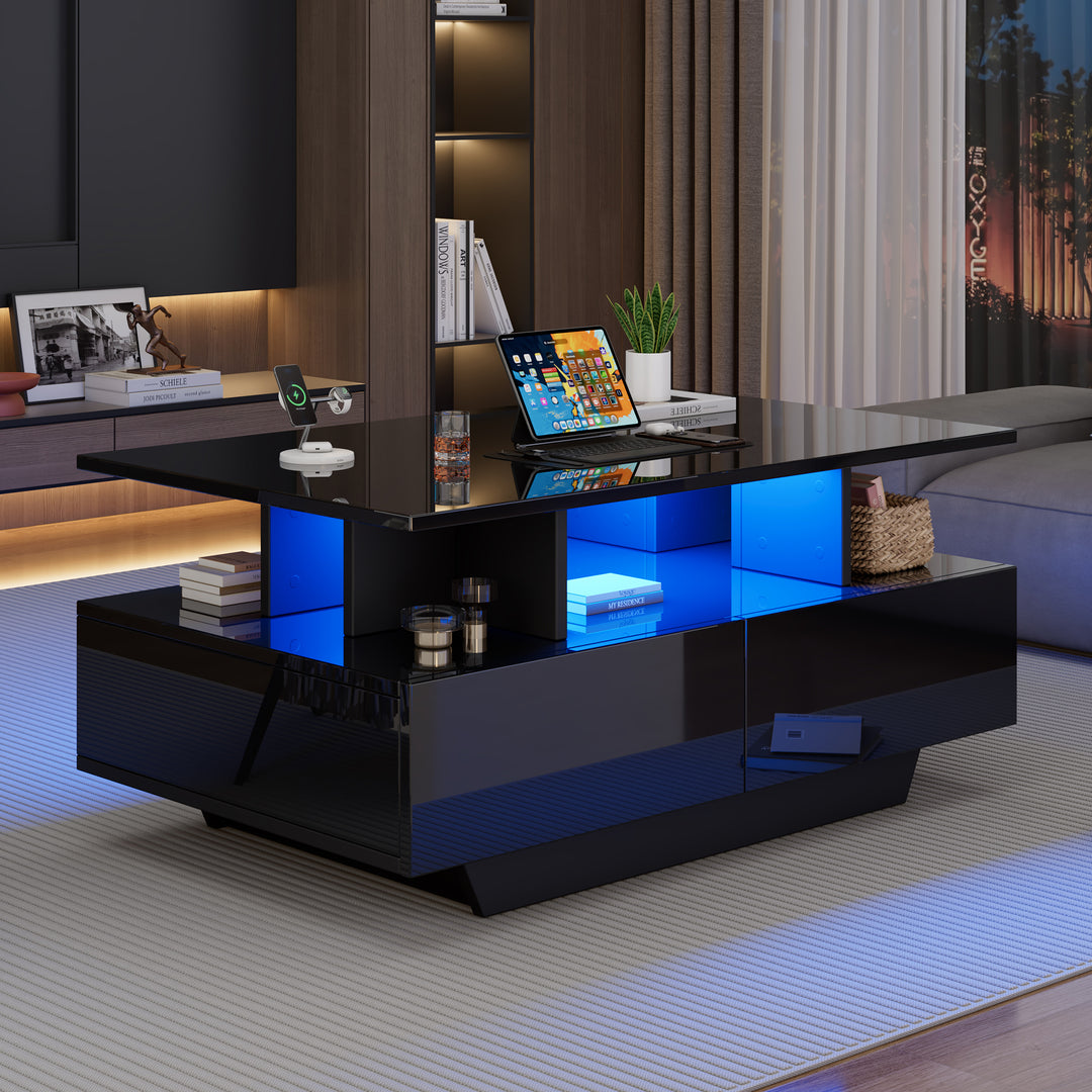 Black high-gloss coffee table 2 drawers with LED lighting ATOMSWALE