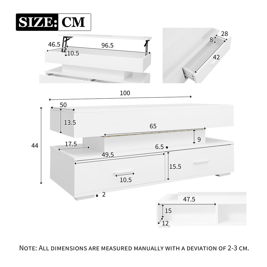 White lift-top coffee table with LED lighting and 2 drawers 100×50×44cm CYBERSPACE
