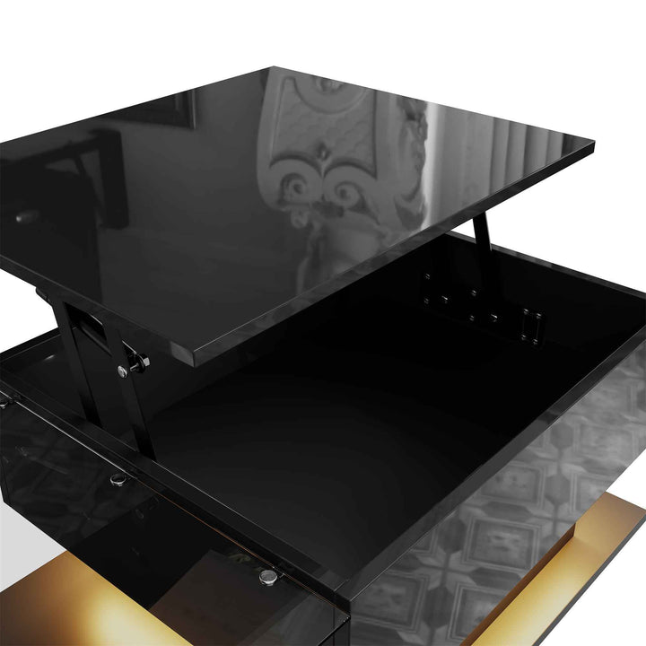 High gloss black coffee table with lift up top, LED lighting 100x50cm FLARERYLOTH