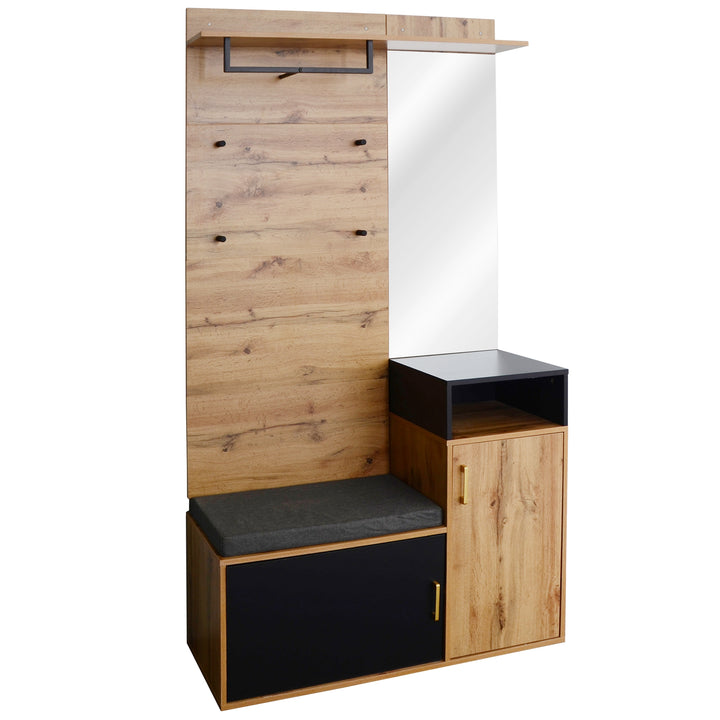 Wooden look entryway coat rack with bench shoe cabinet & mirror CLUBMOSSSPIKE