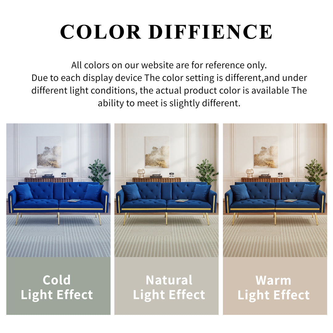 Blue velvet tufted 2-seater sofa bed with gold legs hidden fold-down cup holder FUMAROLEVENT