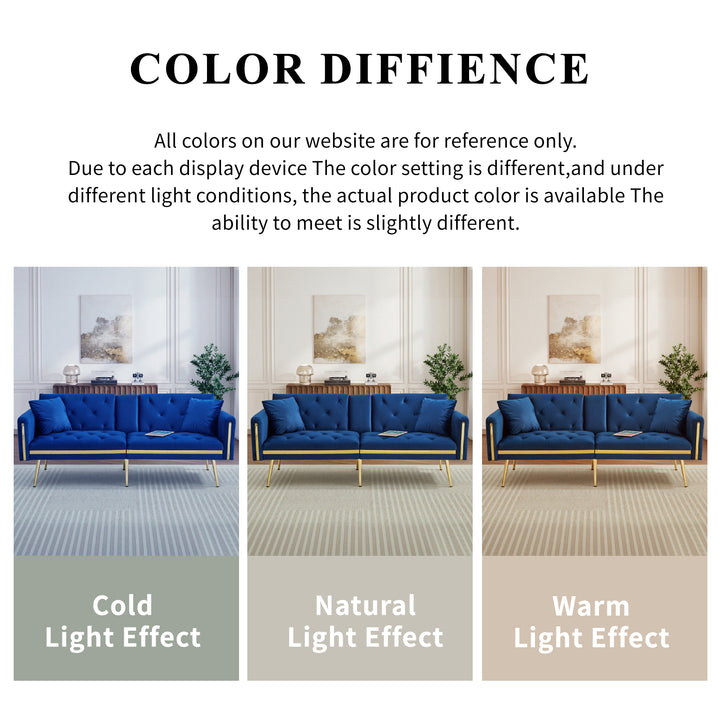 Blue velvet tufted 2-seater sofa bed with gold legs hidden fold-down cup holder FUMAROLEVENT