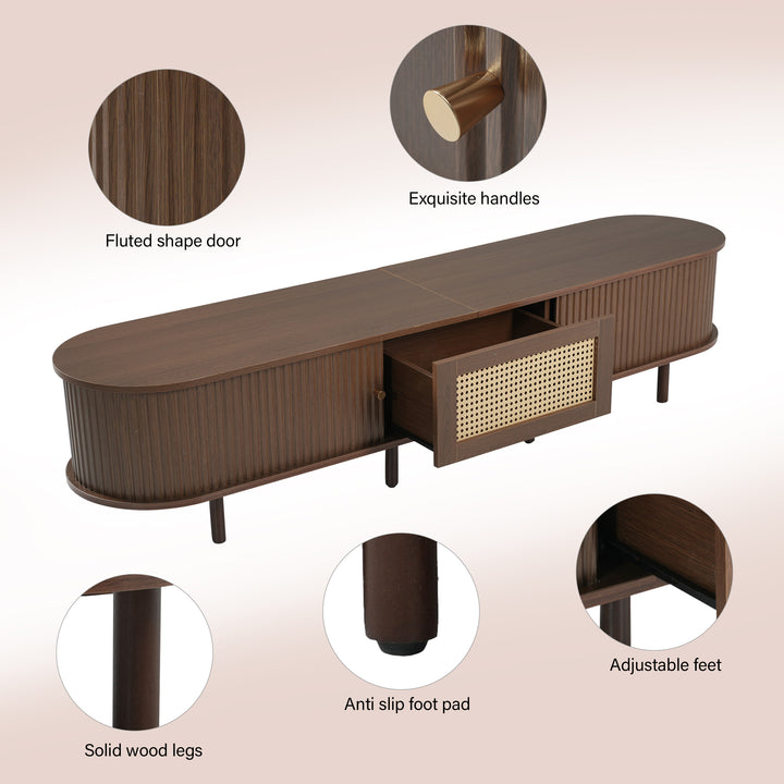 Retro walnut TV stand oval rounded corners 2 slide doors 180×40×40cm SOREN