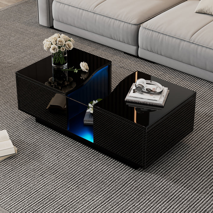 Black high gloss coffee table with 2 drawers with 16-Color LED lights 100*35cm SCALESKIN