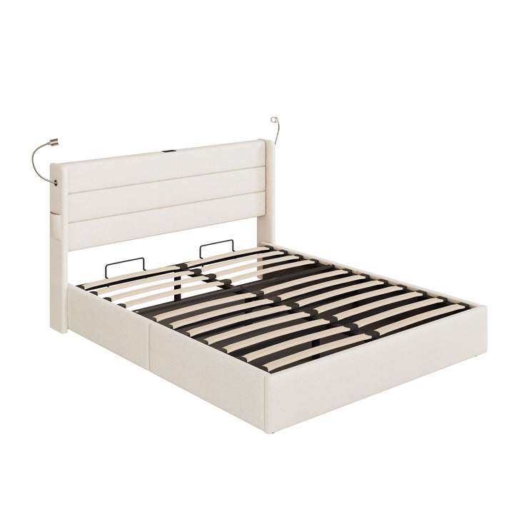 Beige linen upholstered king size divan bed with storage, lampe and charging station 150x200cm GRANULE UK