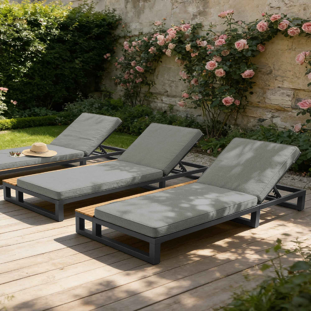 Modern outdoor chaise lounge grey with teak wood side table,4-position adjustable sunlounger QUASARKRYNN