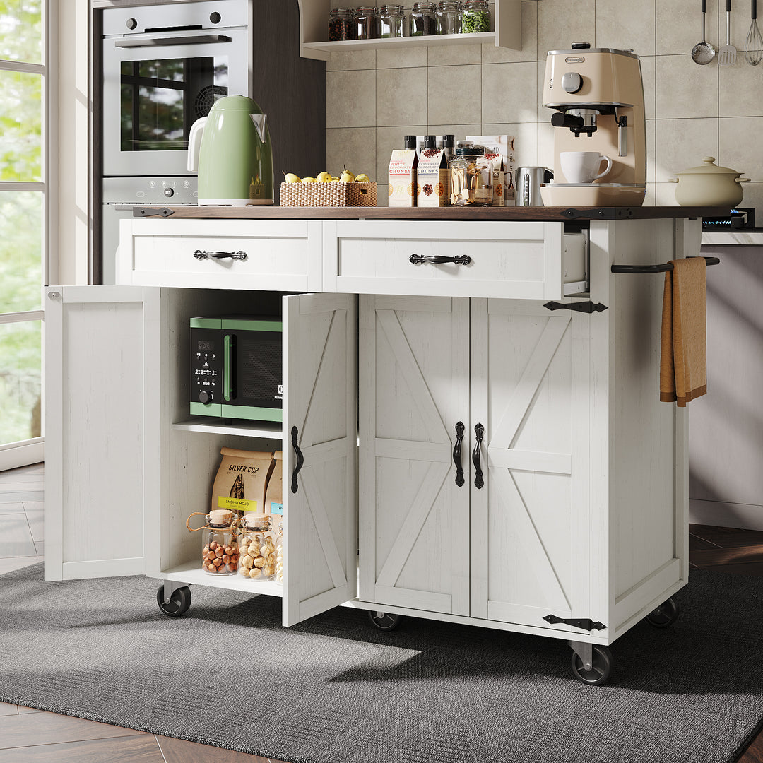 White farmhouse style rolling kitchen island with fold-out top and racks SALTMARSH