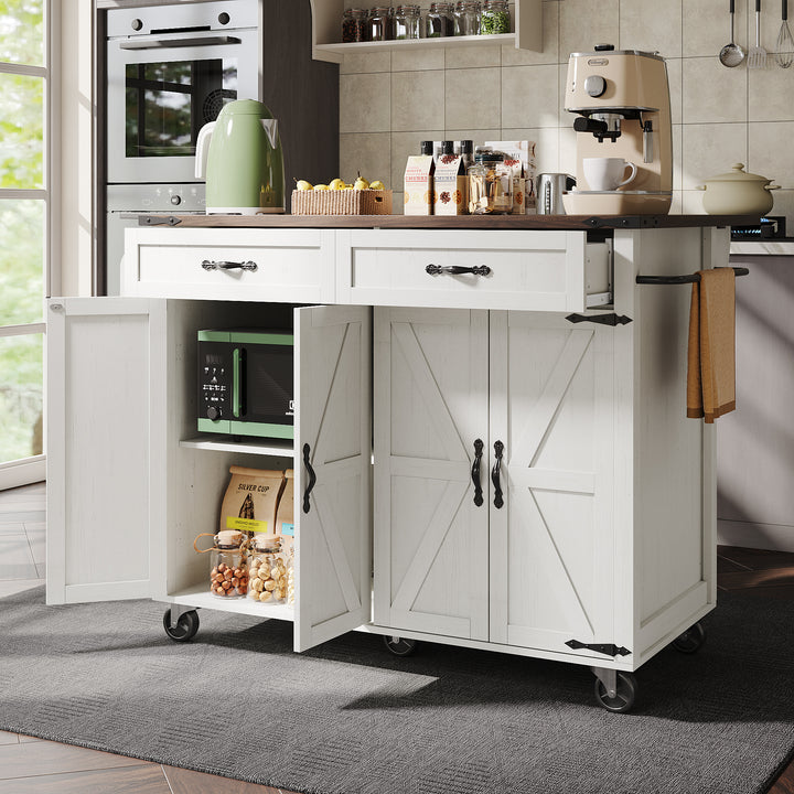 White farmhouse style rolling kitchen island with fold-out top and racks SALTMARSH