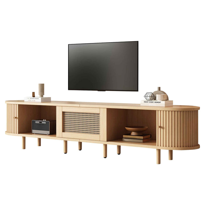 TV stand light wood 1 rattan drawer & 2 sliding doors, rounded corners 180cm