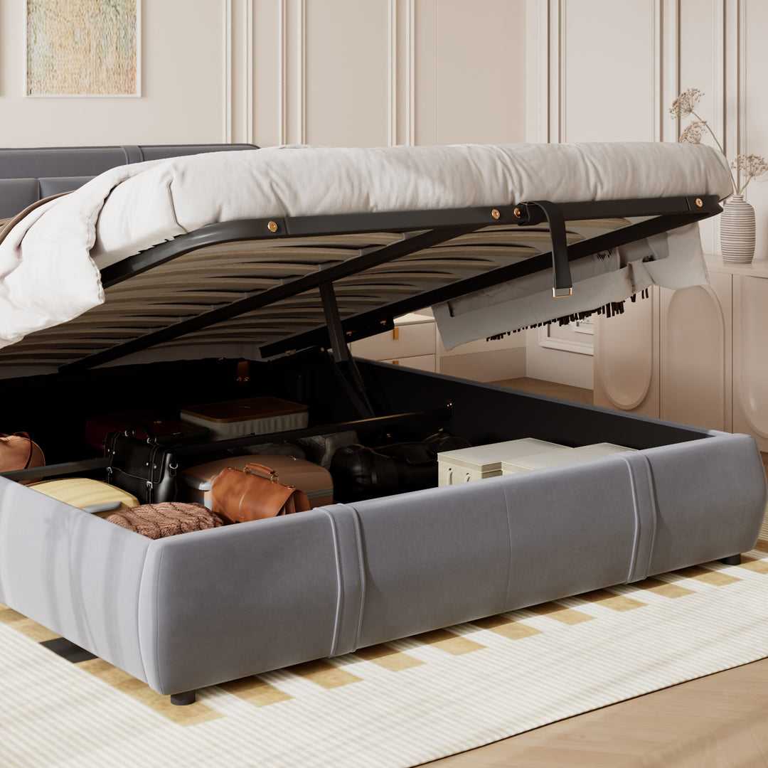 Upholstered velvet grey, hydraulic ottoman double bed with storage function 135×190cm KELPFROND